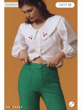 Long-Sleeve Collared Ruffle-Front Blouse With Cherries Maeve